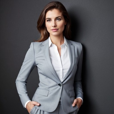 Woman in gray suit against gray wall