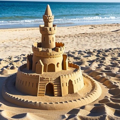 Sandcastle on beach with ocean view