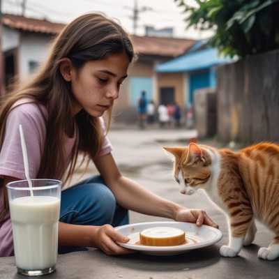 Girl feeding cat on street