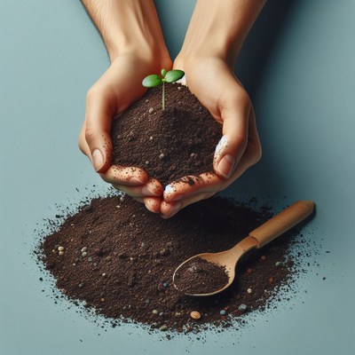 Hands holding seedling and soil