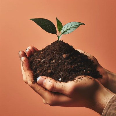 Hands holding soil and seedling