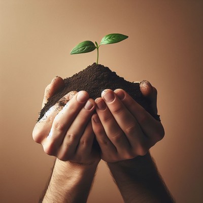 Hands holding seedling and soil