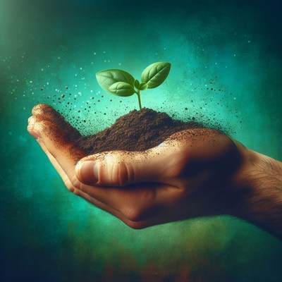 Hand holding sprout with soil