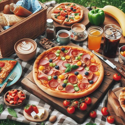 Picnic lunch with pizza and fruit