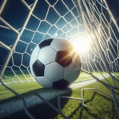 Soccer ball in goal net at sunset