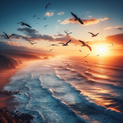 Seagulls flying over coastal sunset