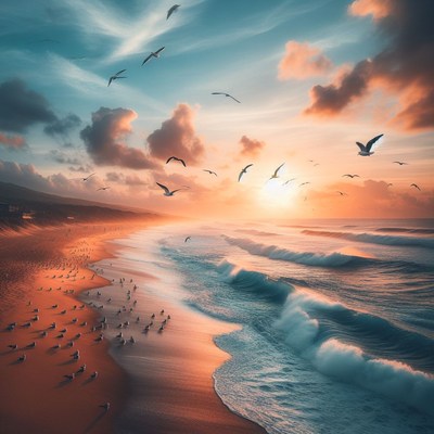 Sunset over beach with seagulls