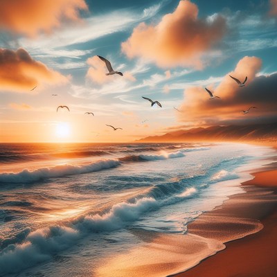 Sunset over ocean with seagulls