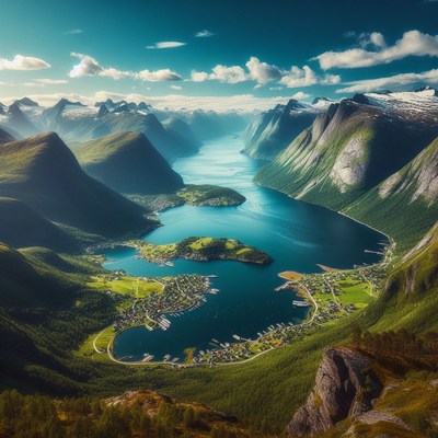 Norwegian fjord landscape on sunny day