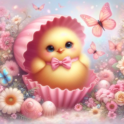Chick in pink shell with butterflies