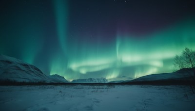 Aurora borealis over snowy landscape
