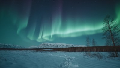 Northern lights over snowy landscape