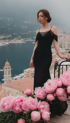 Woman in black dress by flowers in monaco