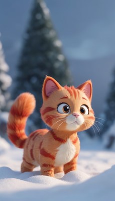 Orange tabby kitten in winter