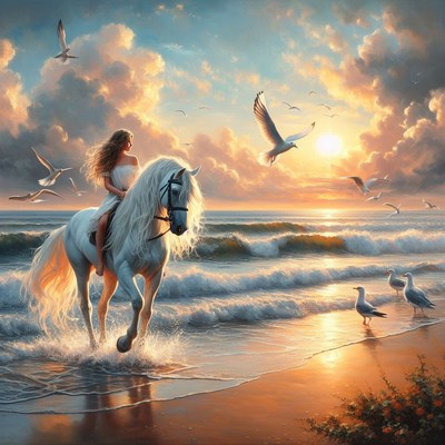 Woman riding white horse at sunset