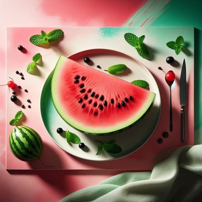 Watermelon slice on plate with mint