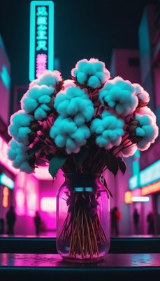Cotton bouquet in neon city