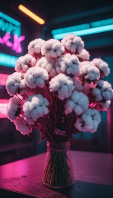 Cotton bouquet in neon light