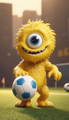 Yellow one-eyed monster holding soccer ball