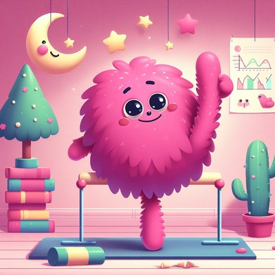 Pink monster doing gymnastics