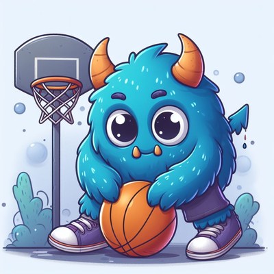 Blue monster playing basketball