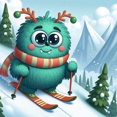 Fuzzy monster skiing in mountains