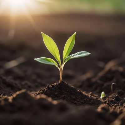 Seedling emerging in soil at sunset