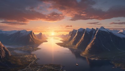 Sunset over fjord mountains