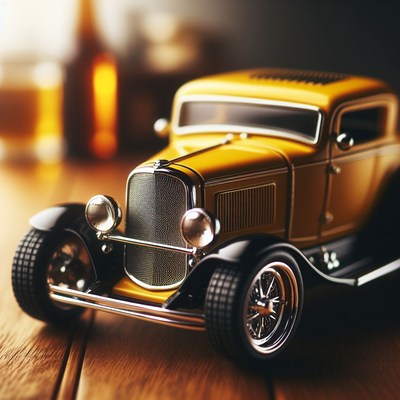 Yellow vintage car on wooden table