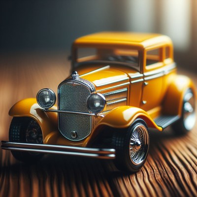 Yellow classic car on wooden surface