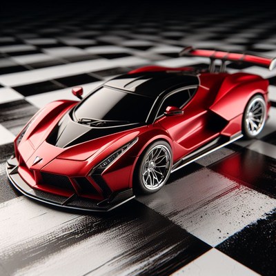 Red sports car on checkered surface
