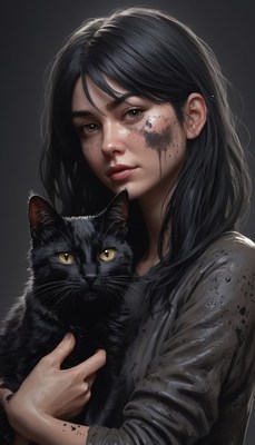 Woman holding black cat with splashes
