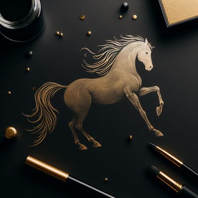 Gold horse drawing on black paper
