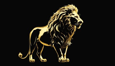 Golden lion standing on black background