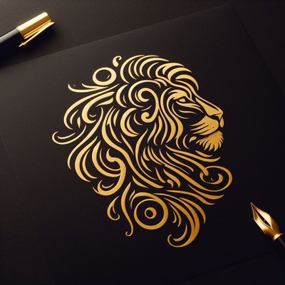 Golden lion illustration on black paper
