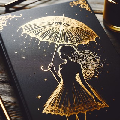 Gold ink drawing of woman with umbrella