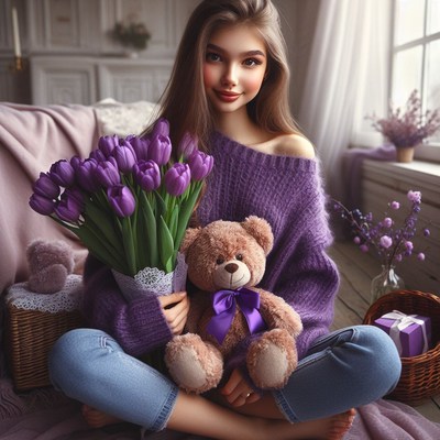 Woman holding flowers and teddy bear