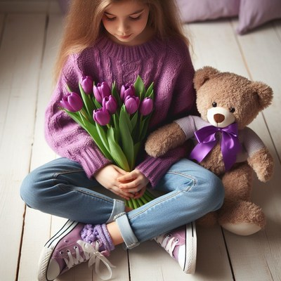 Girl holding purple tulips with teddy bear