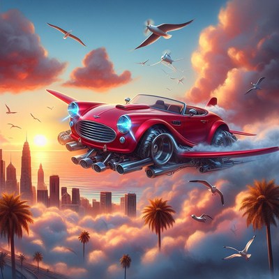 Red flying car over cityscape sunset
