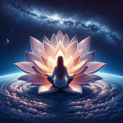 Woman meditating on lotus above clouds