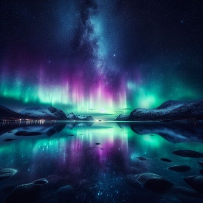 Northern lights reflection over mountains