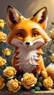 Fox among yellow roses