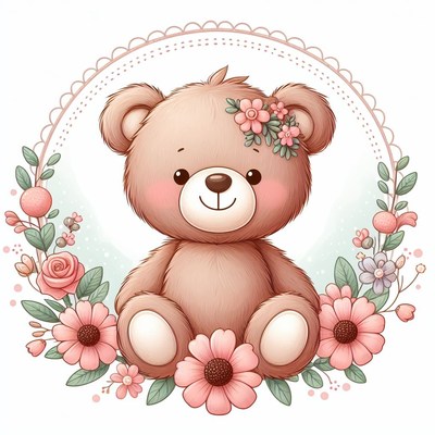 Cute teddy bear surrounded by flowers