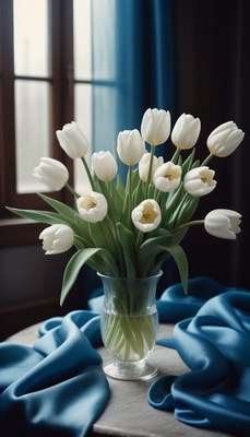 White tulips in vase on table