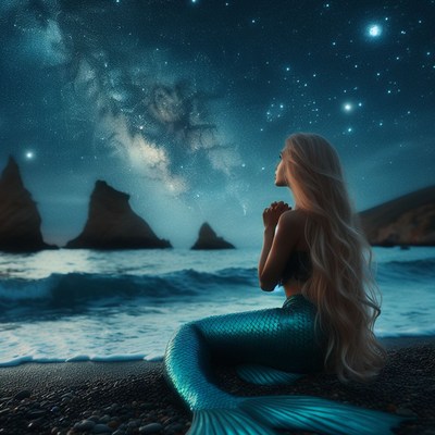 Mermaid gazing at stars on the beach
