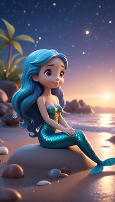 Mermaid sitting on beach at sunset