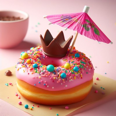 Pink sprinkled donut with chocolate crown and umbrella