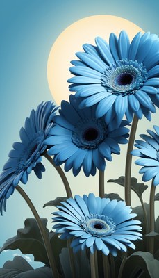 Blue gerbera daisies under a moon