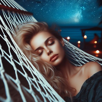 Woman sleeping in hammock under night sky
