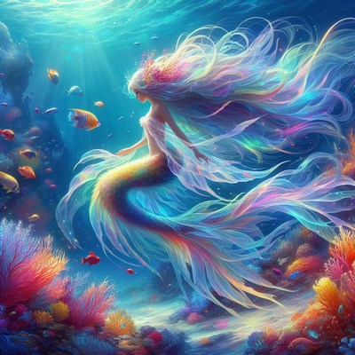 Mermaid swimming in coral reef